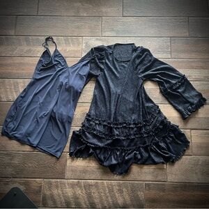 Tularosa Navy Blue bell sleeve ruffled mini dress with slip underdress S